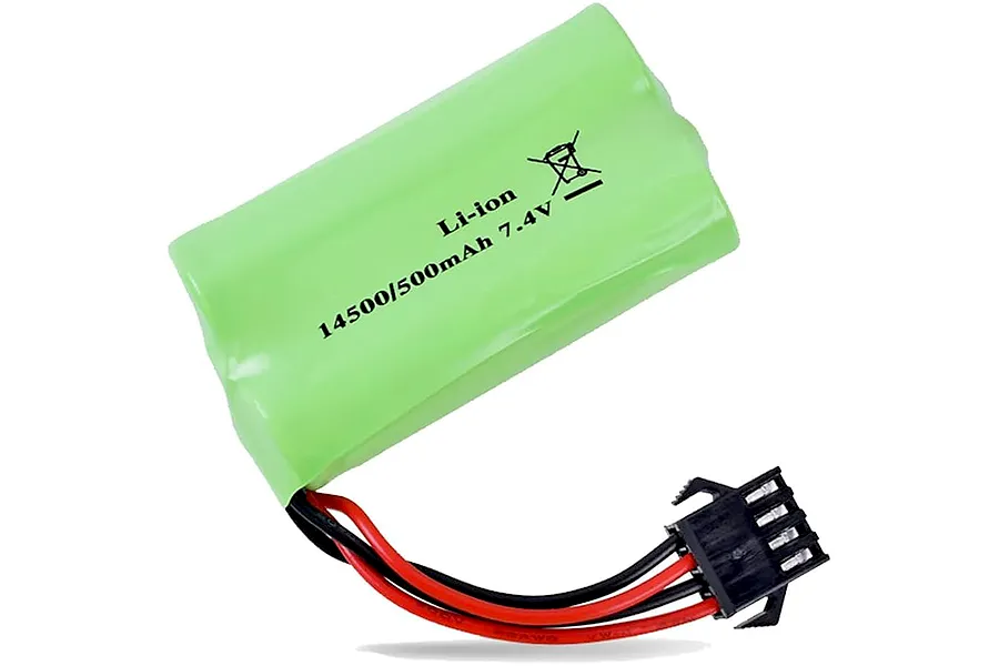 Huina 7.4V 500mAh Li-Ion soft case battery with red and black wires and connector against a white background.