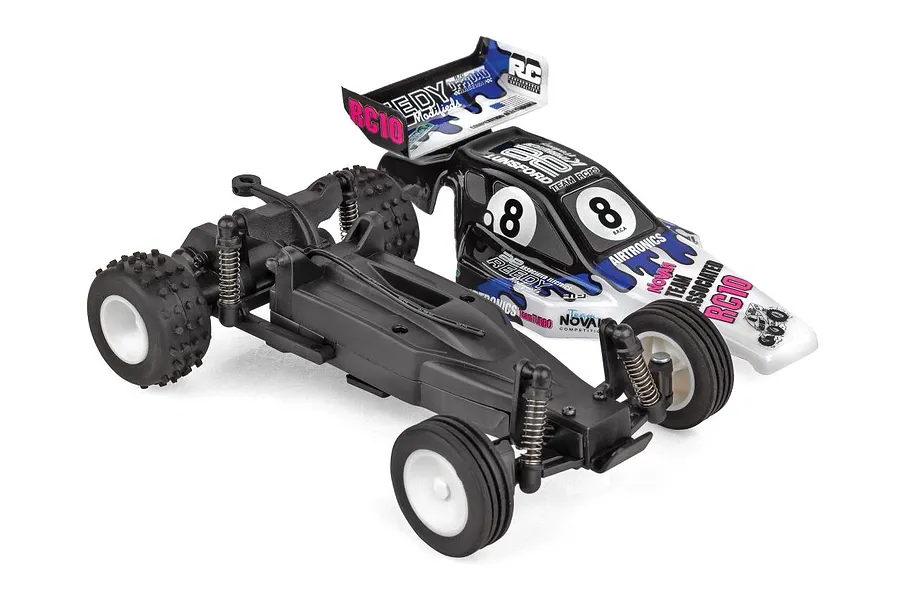 Team Associated RC buggy chassis with black body shell featuring Brian Kinwald edition livery and number 8 decals.