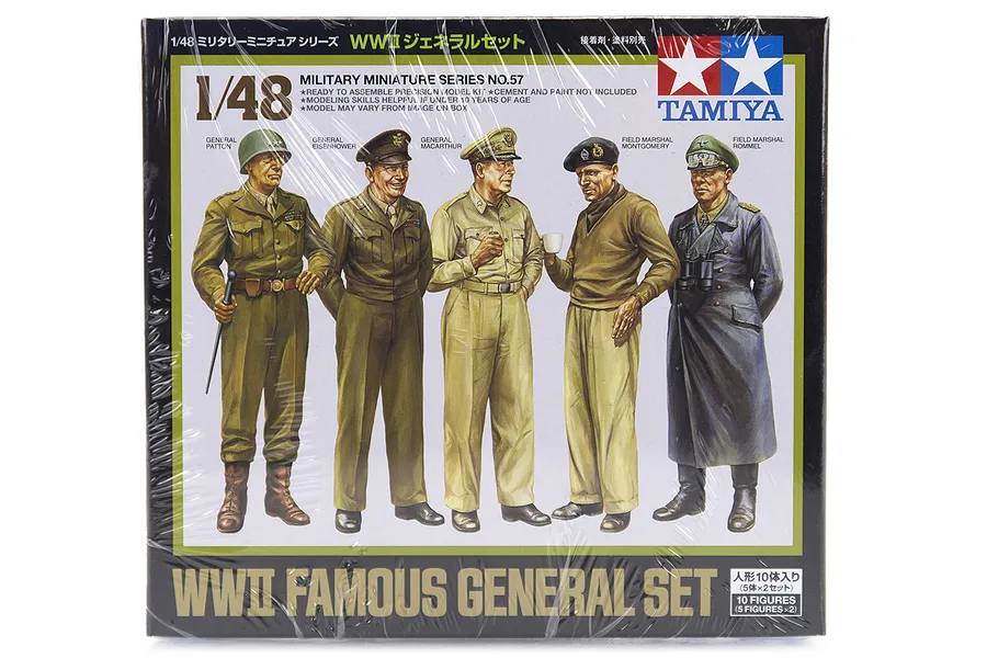 Tamiya 1/48 scale WWII Famous Generals plastic model kit box featuring illustrations of five historical military figures.