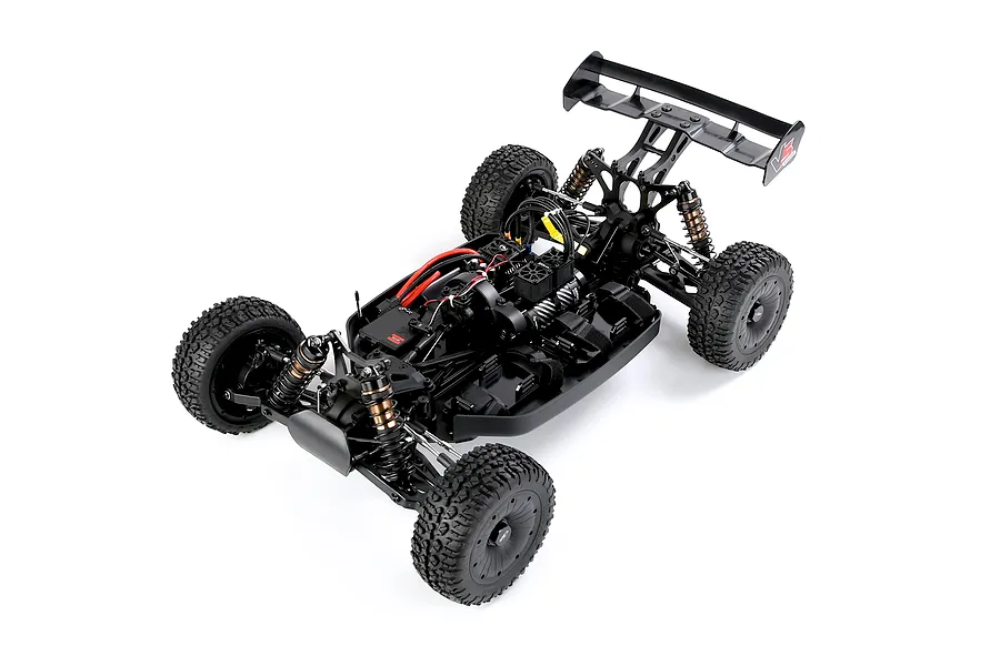 High angle studio shot of the Rovan Voyager 5 V2 RC buggy chassis in black against a white background.