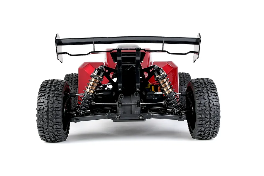 Rear view of the Rovan Voyager 5 V2 RC buggy showing dual shock absorbers, chunky treaded tires, and a large black wing against a white background.