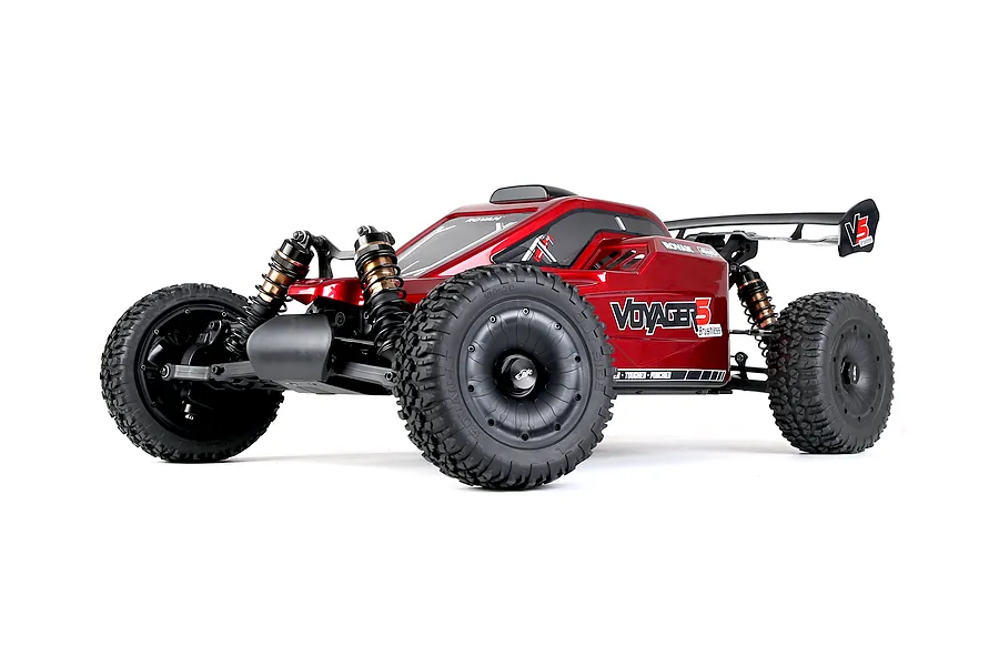 Studio product shot of the Rovan Voyager 5 V2 RC buggy in red with black wheels and detailed suspension against a plain white background.