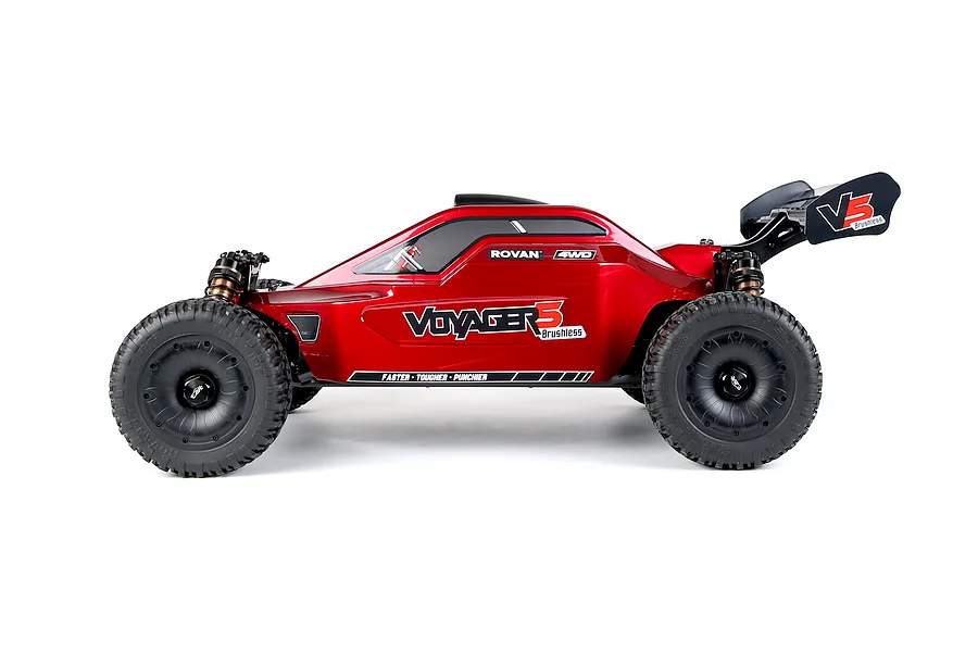 Side view of the Rovan Voyager 5 V2 1/5 scale electric brushless 4WD RC buggy in red with black wheels against a white background.