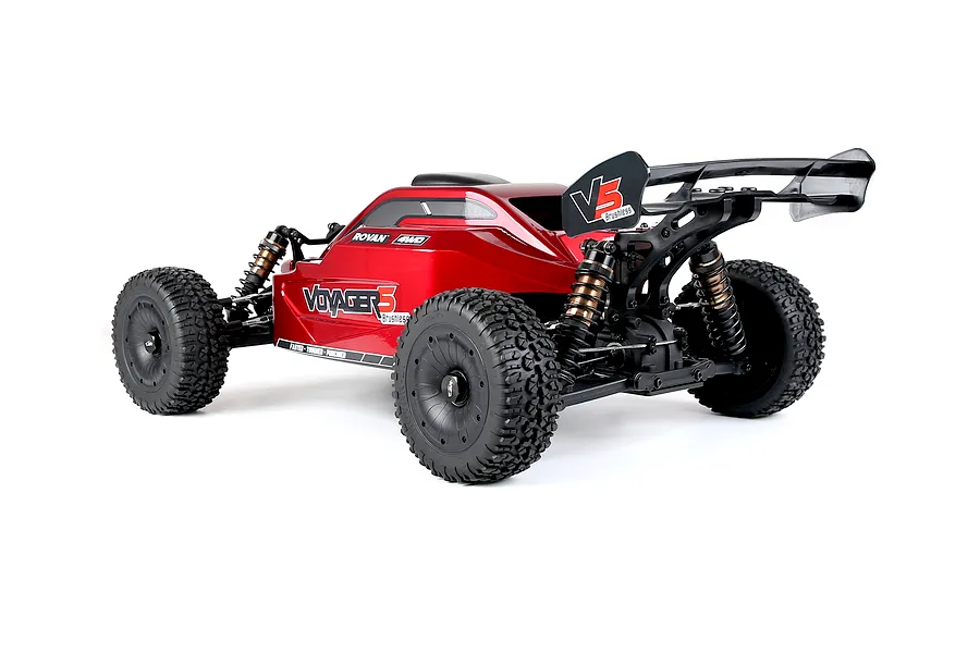Rovan Voyager 5 V2 1/5 scale electric brushless 4WD RC buggy in red with black rear wing and wheels against a white background