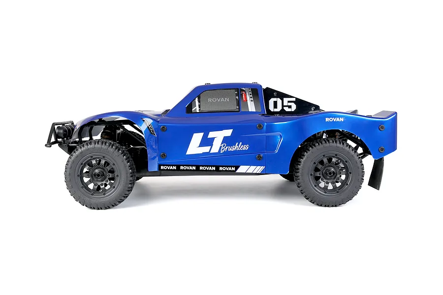 Studio side profile of the Rovan ELT320S V2 blue RC short course truck showing off-road tires, black wheels, and bold white lettering.