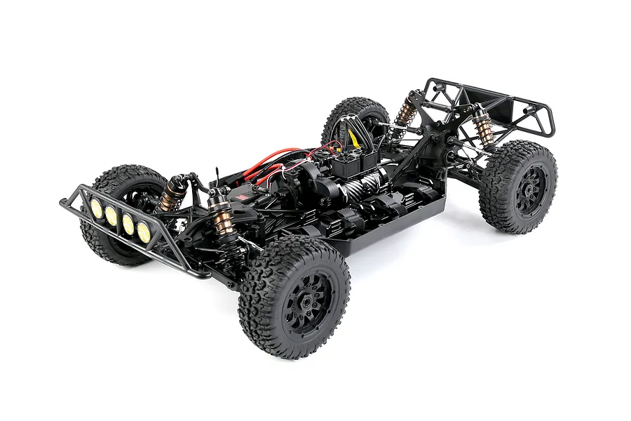 Studio shot of the Rovan ELT320S V2 1/5 scale electric RC short course truck chassis without a body shell.