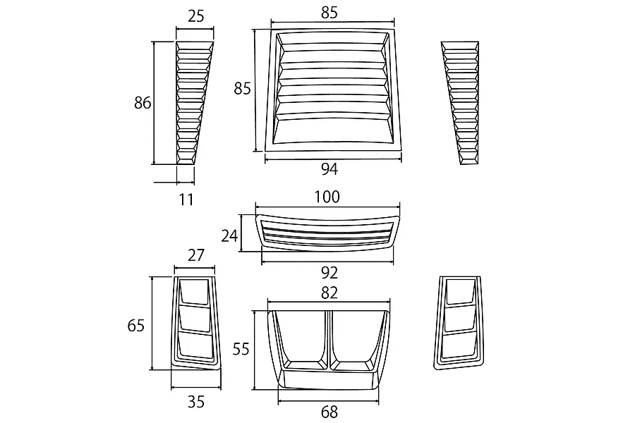 Technical dimension diagram of Pandora RC Duct parts SET 3400 showing various vents and louvers with measurements.