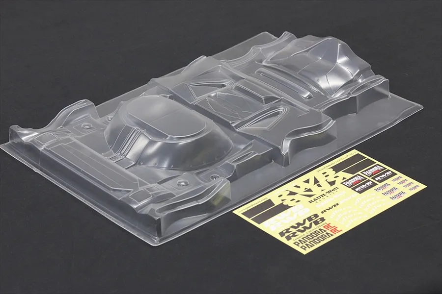Pandora RC RWB993 Type Wide Fender Set unpainted clear polycarbonate body parts and decal sheet.
