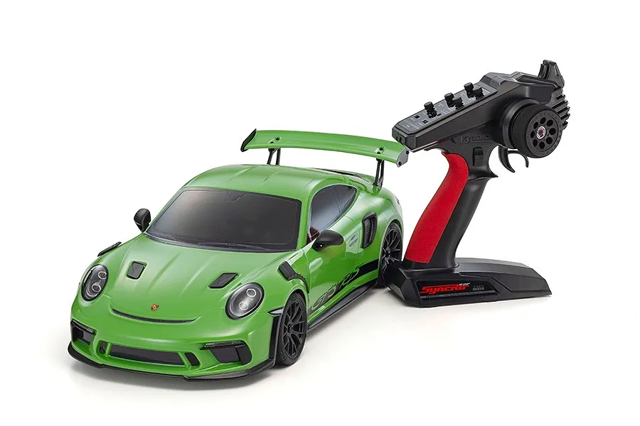 Kyosho Fazer Mk2 2018 Porsche 911 GT3 RS RC car in lizard green with its black and red radio transmitter against a white background.