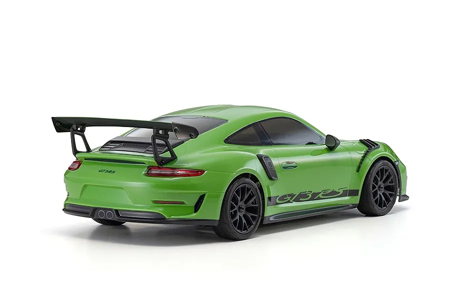 Rear-three-quarter studio shot of the green Kyosho Fazer Mk2 2018 Porsche 911 GT3 RS RC car on a white background.