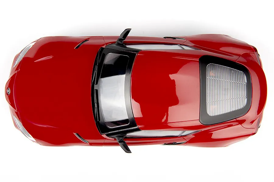 Top-down view of the red HPI Stage D24 Toyota Supra GR RC car body against a clean white background.