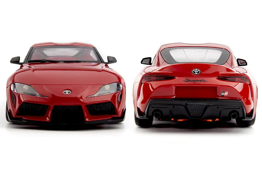Front and rear view of the red HPI Stage D24 Toyota Supra GR RC car showing body details and badging against a white background.