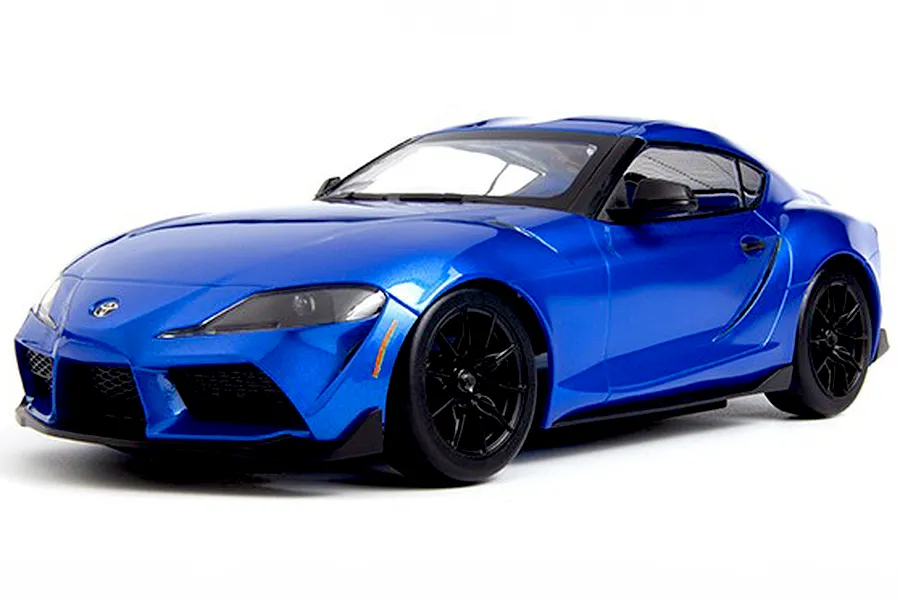 HPI Stage D24 Toyota Supra GR electric RWD RC car in metallic blue against a white background