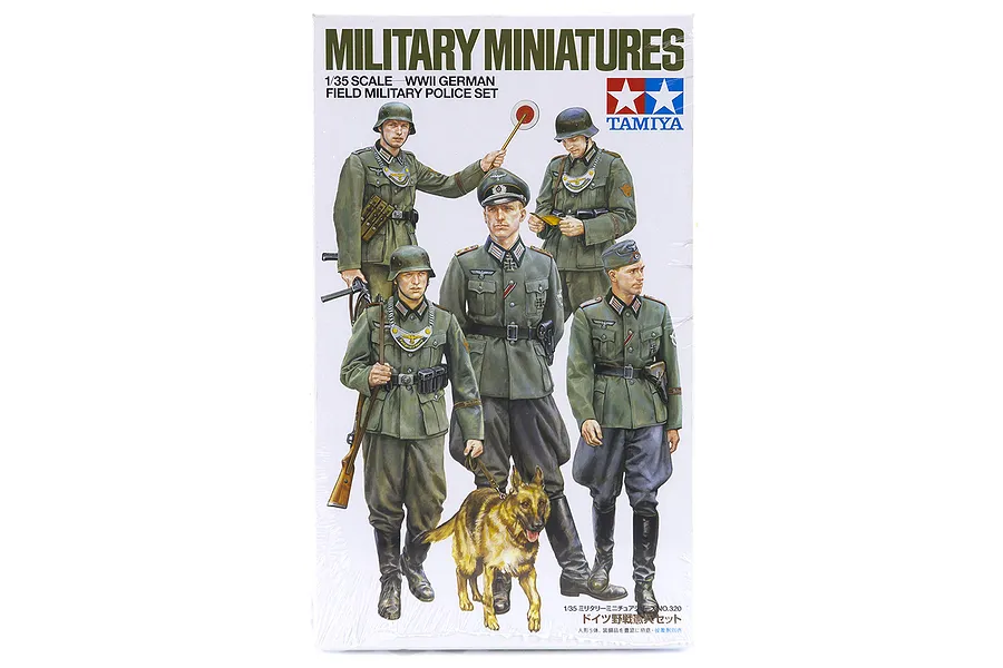 Tamiya 1/35 scale WWII German Field Military Police model kit box art featuring five soldiers and a German Shepherd dog.