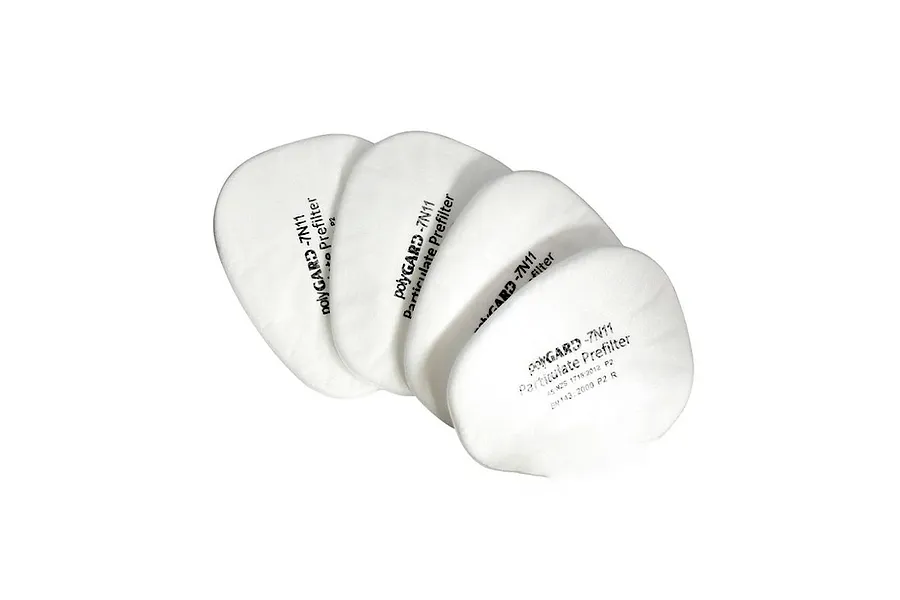 Four white iQuip polygard particulate prefilters arranged in a fan shape on a plain white background.