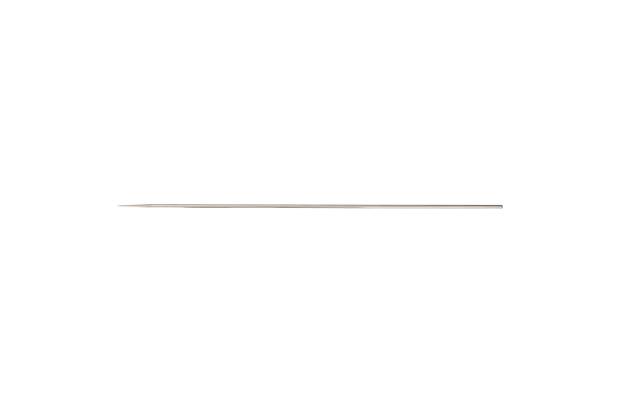 Studio product shot of a long, thin metal fluid needle for an airbrush, viewed horizontally against a plain white background.
