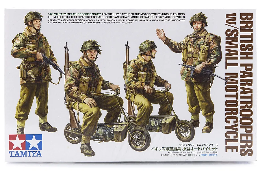 Tamiya 1/35 scale British Paratroopers with small motorcycles plastic model kit box art showing four soldiers and two motorcycles.