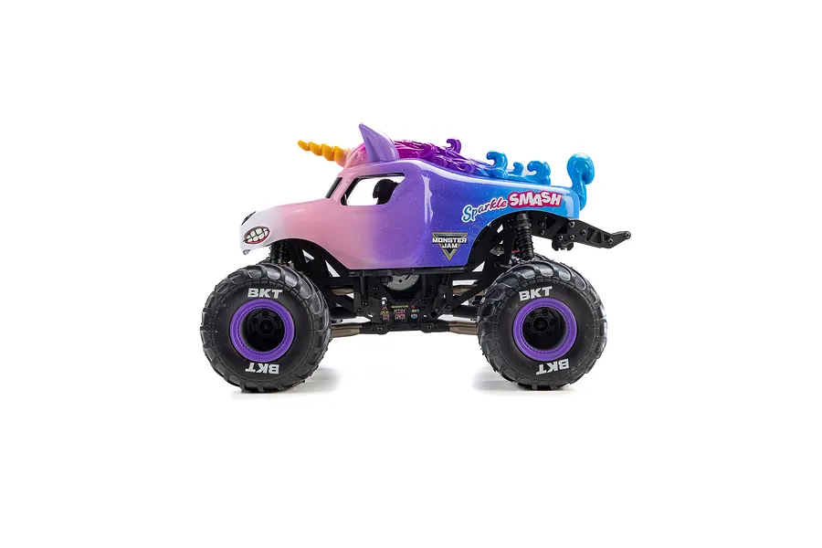 Side view of the Losi Mini LMT Sparkle Smash RC Monster Truck featuring a unicorn body design, purple wheels, and large monster truck tires against a white background.