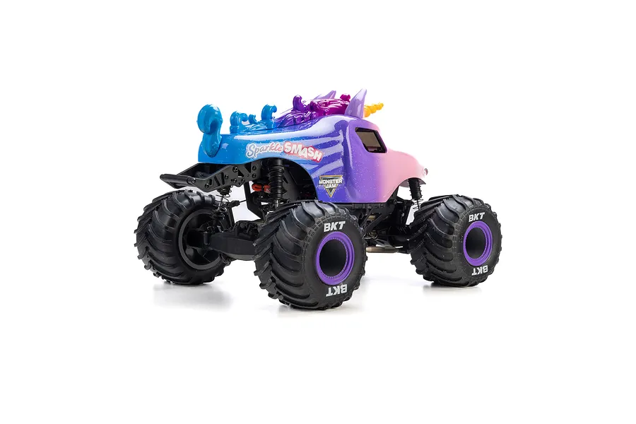 Studio product photo of the Losi Mini LMT Sparkle Smash RC Monster Truck viewed from rear right against a white background.