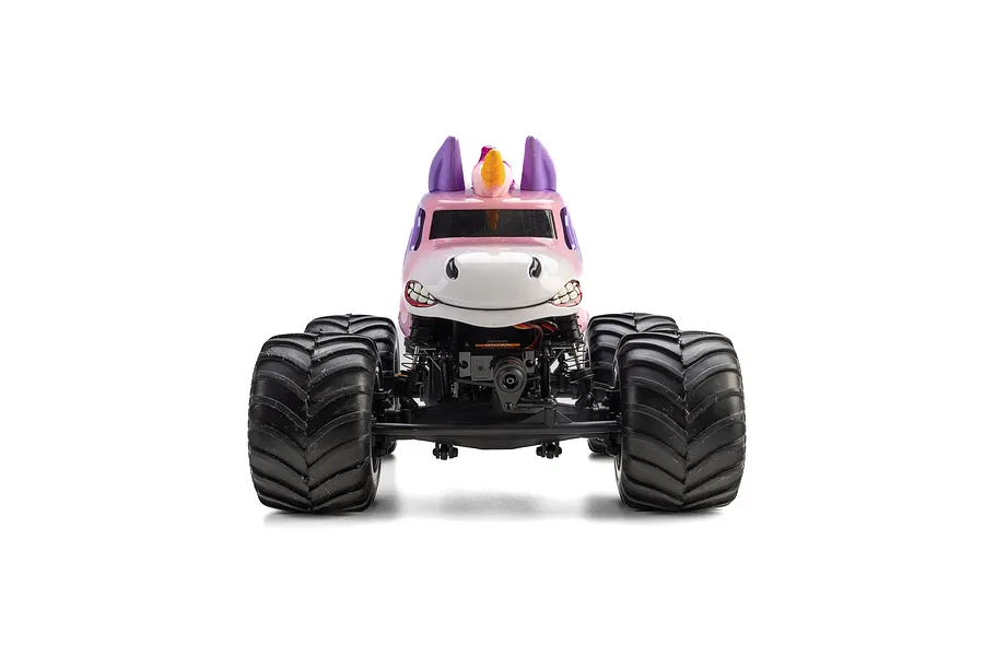 Front view of the Losi Mini LMT Sparkle Smash 1/18 RC monster truck featuring a custom unicorn body with purple ears, horn, and smiling face.