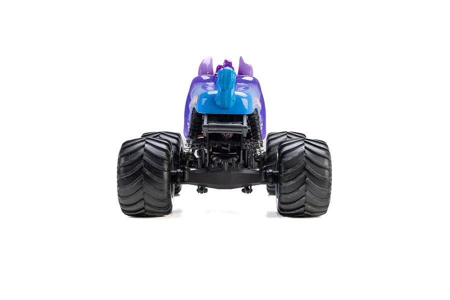 Rear view of the Losi Mini LMT Sparkle Smash 1/18 scale RC monster truck on a white background