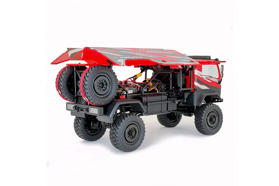 Rear-three-quarter view of the HobbyPlus DKR-4 Fortis 1/18 electric desert rally truck in red, showing the roll cage, spare tires, and chassis layout.