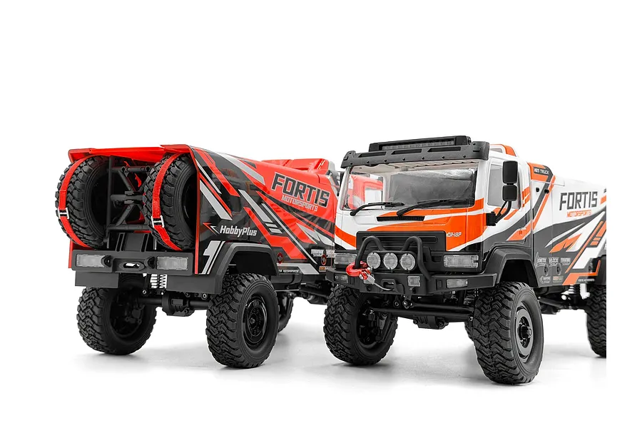 Two HobbyPlus DKR-4 Fortis 1/18 scale RC desert rally trucks shown from front and rear angles against a white background.