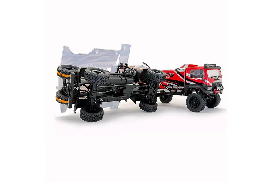 HobbyPlus DKR-4 Fortis 4X4 RC Desert Rally Truck in red, shown upright and with a second chassis flipped upside down against a clear background.