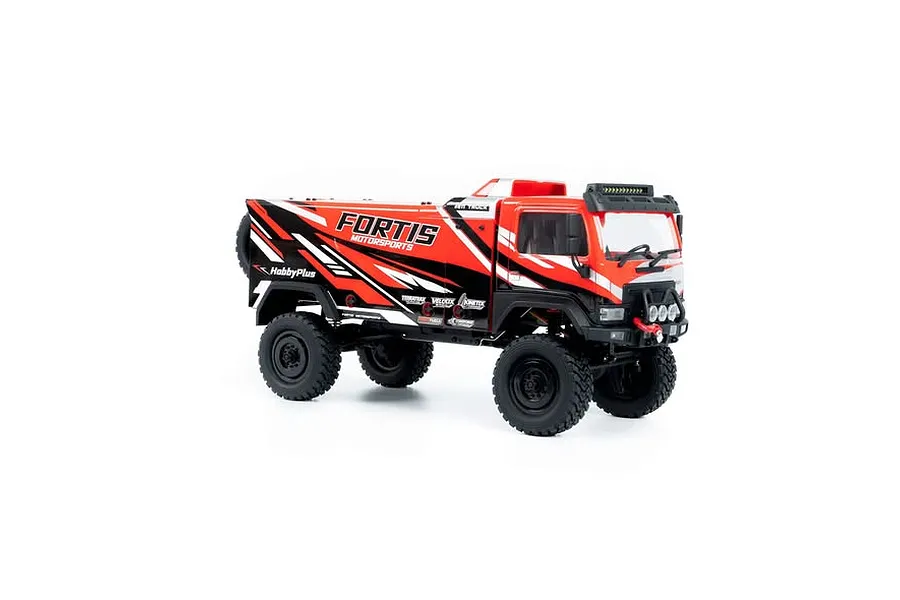 Studio shot of the HobbyPlus DKR-4 Fortis 4X4 RC Desert Rally Truck in red with black graphics against a clean white background.