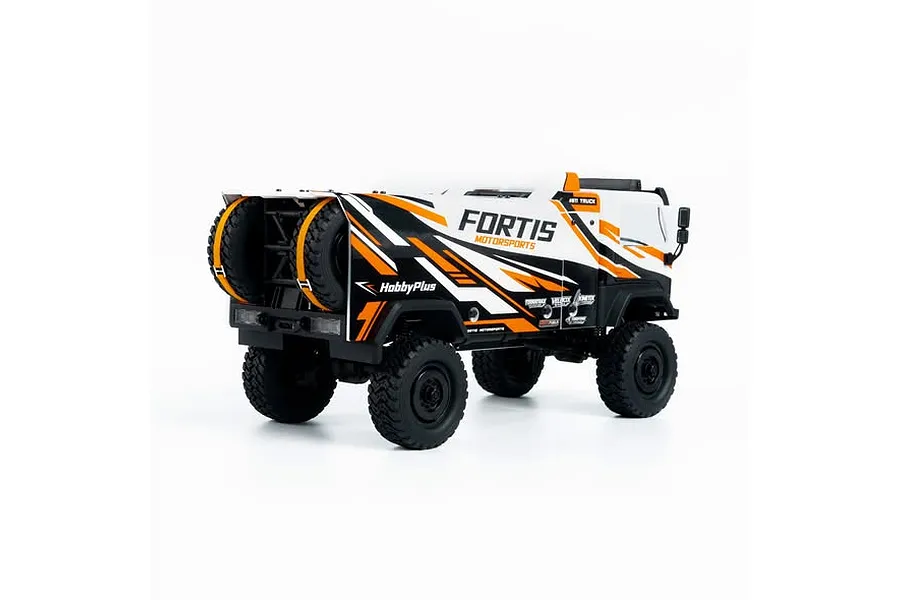 Rear three-quarter view of the HobbyPlus DKR-4 Fortis 4X4 RC desert rally truck in white, black, and orange livery against a white background.