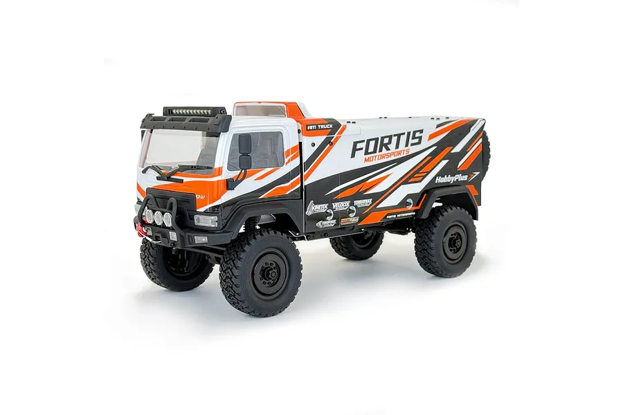 HobbyPlus DKR-4 Fortis 4X4 RC desert rally truck in white, black, and orange livery on a white background.