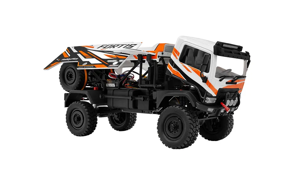 Studio product shot of the HobbyPlus DKR-4 Fortis 1/18 scale white and orange RC desert rally truck showing its chassis and spare tire.
