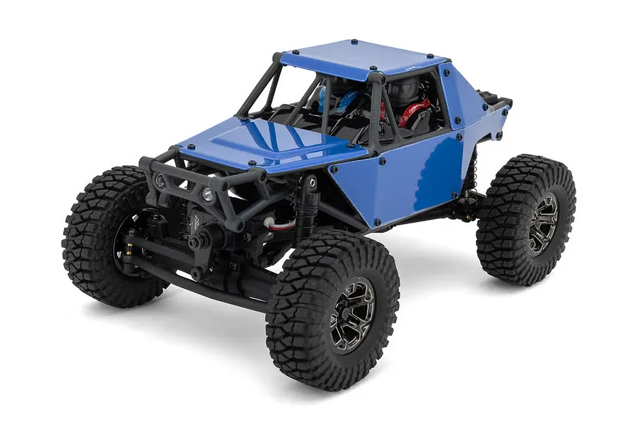 Studio product shot of the Maverick Scout-24 1/24 scale electric 4WD RC rock crawler in blue, viewed from the front right.