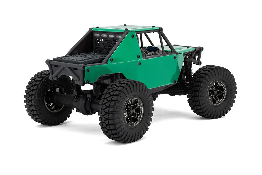 Rear-three-quarter studio shot of the green Maverick Scout-24 RC rock crawler featuring large lugged tires and black roll cage.