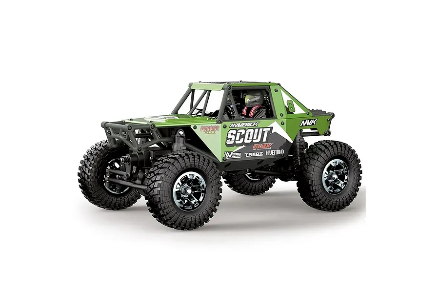 Green Maverick Scout-24 Flux 1/24 scale electric RC rock crawler studio product shot on white background.