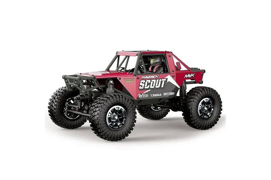 Studio shot of the Maverick Scout24 1/24 scale electric 4WD RC rock crawler in red, featuring a roll cage and large tires.
