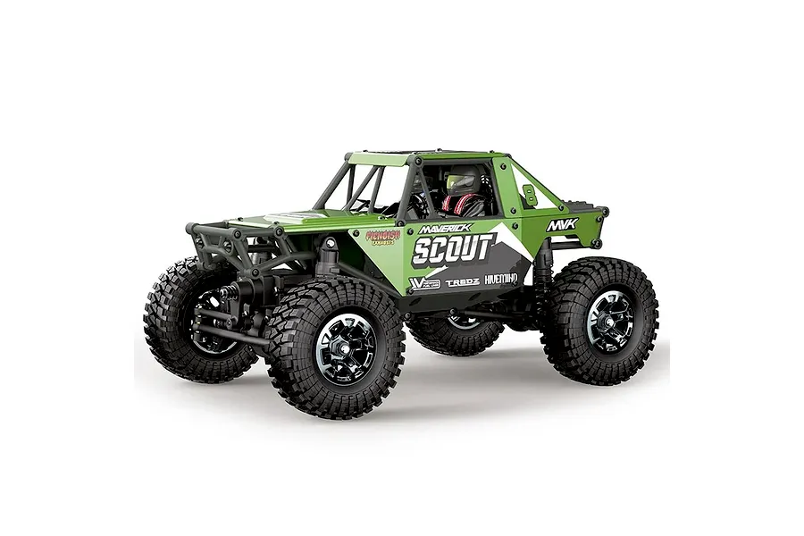 Maverick Scout24 1/24 scale electric RC rock crawler in green with black wheels and aggressive tread tires on a white background.