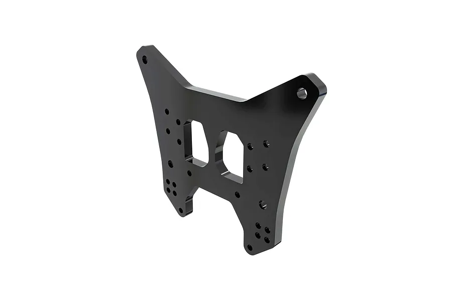 Arrma aluminium rear shock tower in black, featuring multiple mounting holes and cutouts against a plain white background.