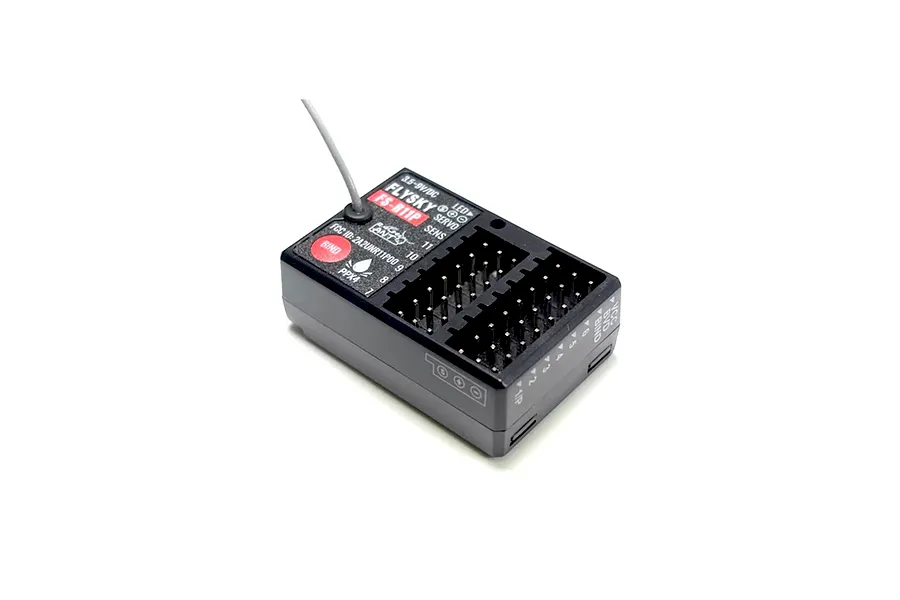 FlySky R11P 2.4GHz 11-channel radio receiver shown from an angled perspective against a white background.