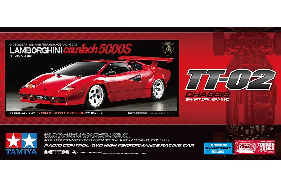 Tamiya TT-02 Lamborghini Countach 5000S RC car kit box art showing the red model and TT-02 chassis details.