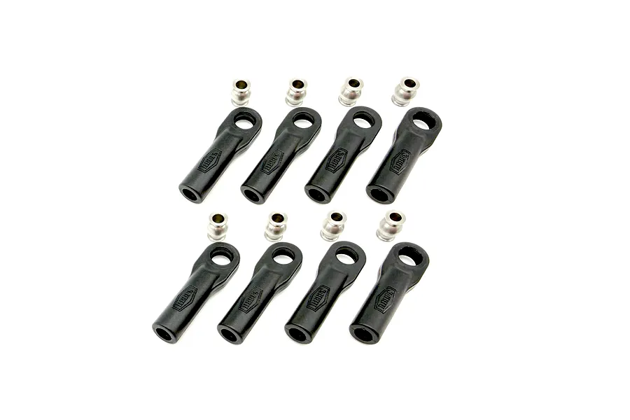 Reefs RC stainless steel XL rod ends and pivot ball set featuring 8 black rod ends and 8 metal pivot balls laid out on white.