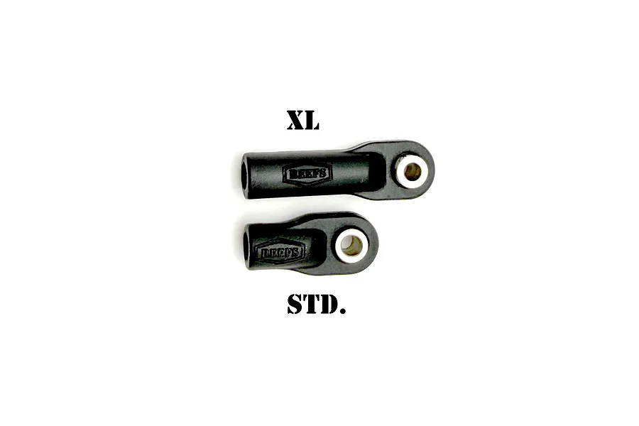 Comparison studio product photo showing an XL rod end next to a standard rod end, both featuring metal pivot balls and the Reefs logo.