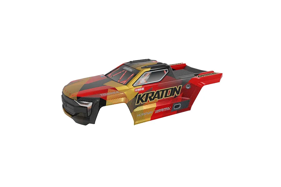 Arrma Mini Kraton truck body shell featuring a gold, red, and black geometric decal scheme against a white background.