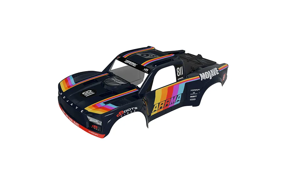 Blue Arrma Mojave 6S BLX short course RC truck body shell featuring multicolored racing stripes and sponsor decals against a white background.