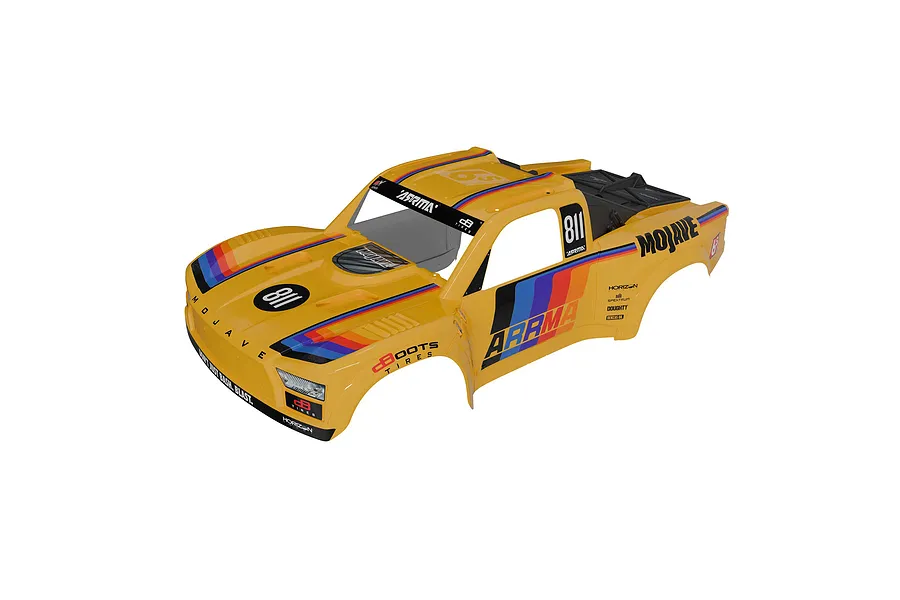 Arrma Mojave 6S BLX V3 painted yellow short course truck body shell featuring decals against a plain white background.