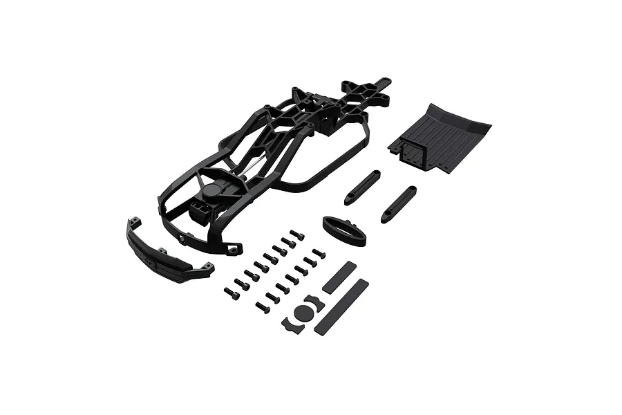Studio product shot of an Arrma body frame set including a black plastic roll cage, mounting parts, and screws.