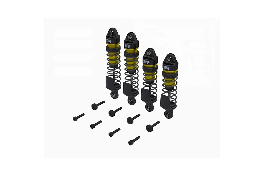 Set of four assembled gold and black Arrma RC shock absorbers with coil springs and mounting hardware on a white background.