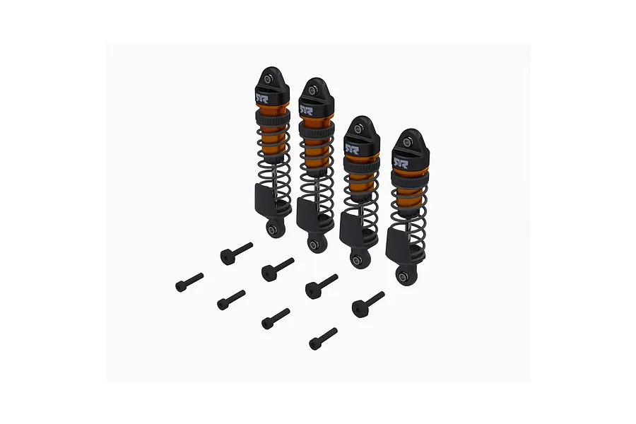 Arrma assembled shock set with orange and black dampers and mounting hardware on a white background.