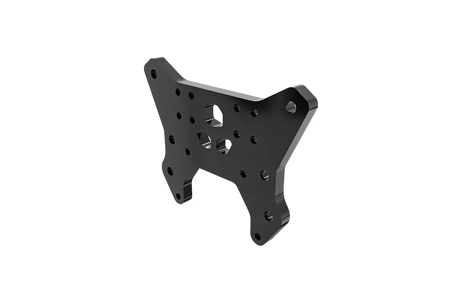 Arrma aluminium front shock tower in black featuring multiple mounting holes on a clean white background.
