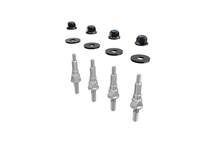 Arrma shock standoffs, nuts, and washers set against a plain white background in a studio shot.